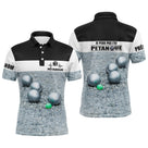 Polo pétanque noir et blanc photo réaliste boules sur sol gris cochonnet vert message je peux pas j'ai pétanque PRÉNOM