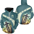 Sweat à capuche VTT cyclisme freeride teal avec cycliste en descente et logo manche