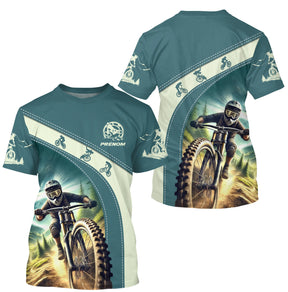 T-shirt VTT cyclisme teal sarcelle design rider en action freeride et nom team au dos