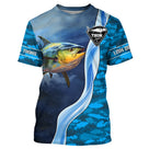 T-shirt pêche thon humour avec slogan Près des thons loin des cons en bandes jaunes sur fond bleu marine motif vagues