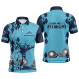Polo pétanque sable beige vue dos message je peux pas j'ai pétanque silhouette joueur boules damier