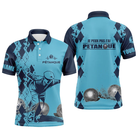 Polo pétanque sable beige vue dos message je peux pas j'ai pétanque silhouette joueur boules damier