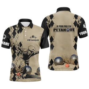 Polo pétanque sable beige damier silhouette joueur lancer boules réalistes message je peux pas j'ai pétanque YOUR NAME