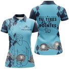 Polo pétanque bleu turquoise vue détail citation tirer ou pointer sublimation damier vif