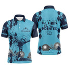 Polo pétanque bleu turquoise damier silhouette joueur lancer boules réalistes message tirer ou pointer YOUR NAME