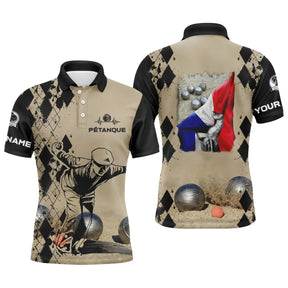 Polo pétanque sable beige damier silhouette joueur drapeau français déchiré boules réalistes YOUR NAME logo manche