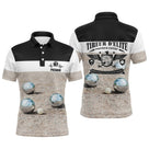 Polo pétanque personnalisé blanc noir avec silhouette bouliste et lettrage Tireur d'Élite Pointeur Expert, prénom imprimé