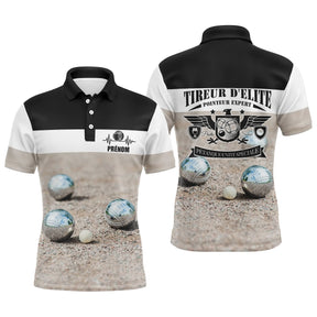 Polo pétanque personnalisé blanc noir avec silhouette bouliste et lettrage Tireur d'Élite Pointeur Expert, prénom imprimé