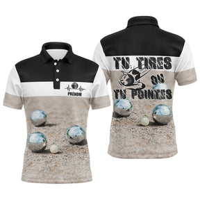 Polo pétanque noir et blanc photo réaliste boules sur terre cochonnet message tirer ou pointer PRÉNOM