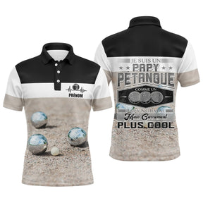 Polo papy pétanque blanc noir argyle avec silhouette bouliste et lettrage Papy Génial Plus Cool, prénom imprimé