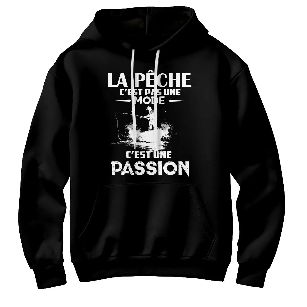 Sweat à capuche pêche passion noir avec design pêcheur stylisé et personnalisation prénom
