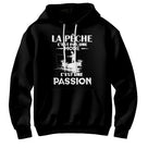 Sweat à capuche pêche passion noir avec design pêcheur stylisé et personnalisation prénom