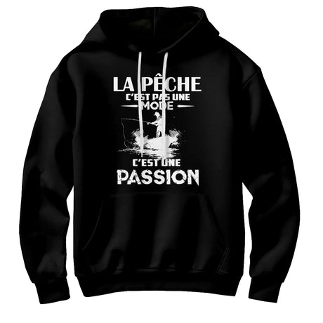 Sweat à capuche pêche passion noir avec design pêcheur stylisé et personnalisation prénom