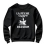 Sweat-shirt pêche passion noir avec silhouette pêcheur en action et slogan La Pêche Passion