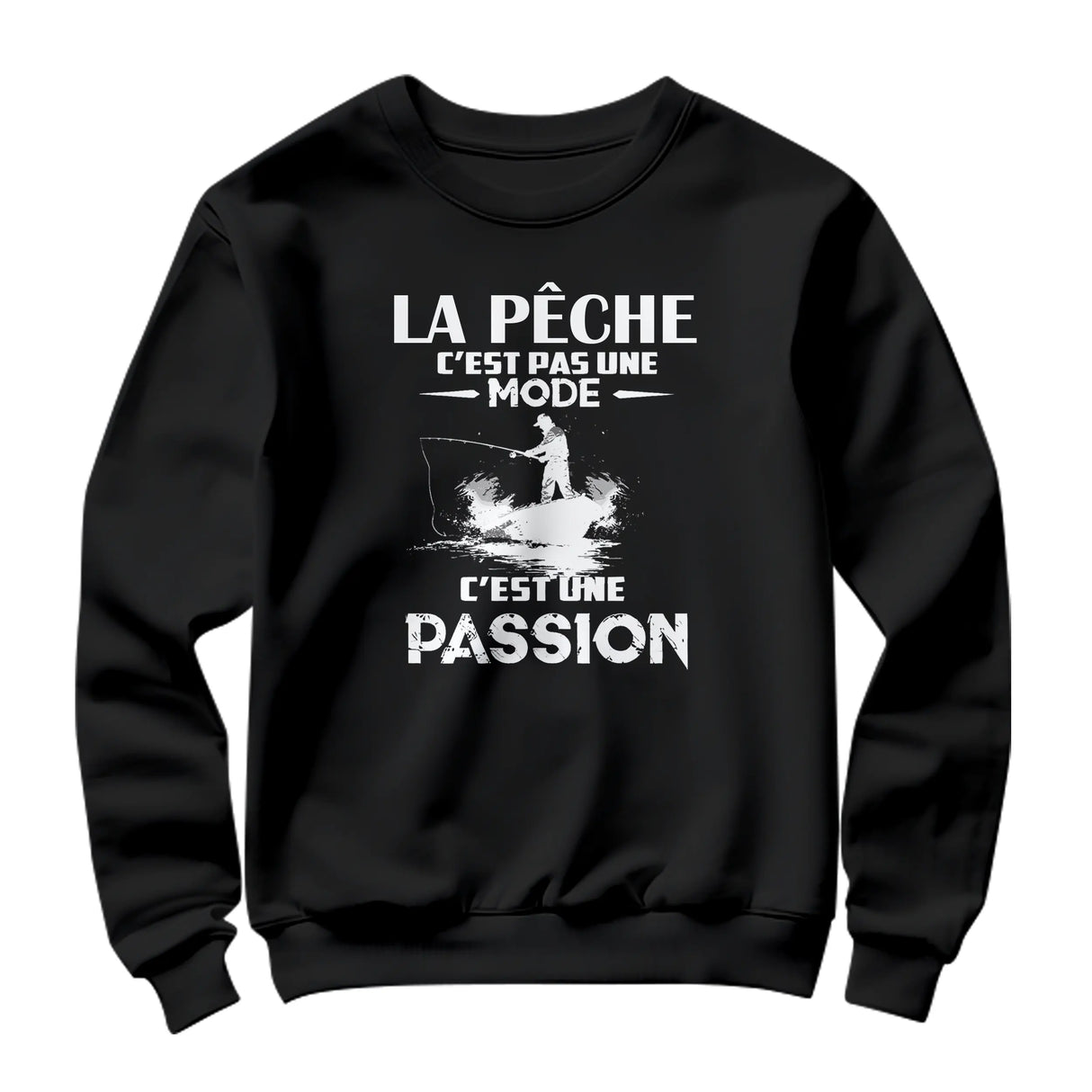 Sweat-shirt pêche passion noir avec silhouette pêcheur en action et slogan La Pêche Passion