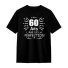 T-shirt 60 ans personnalisé noir avec slogan L'âge de la perfection étoiles et rayons blancs