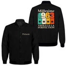 Veste zippée millésime 1963 personnalisée noire avec typographie rétro multicolore