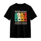 T-shirt millésime 1963 personnalisé noir avec slogan Vieilli à la perfection couleurs vintage