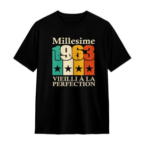 T-shirt millésime 1963 personnalisé noir avec slogan Vieilli à la perfection couleurs vintage