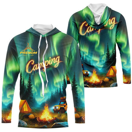 Vêtement de Camping Personnalisé – Design Aurores Boréales & Feu de Camp - A14012507 - Anti-UV T-shirt manches longues à capuche