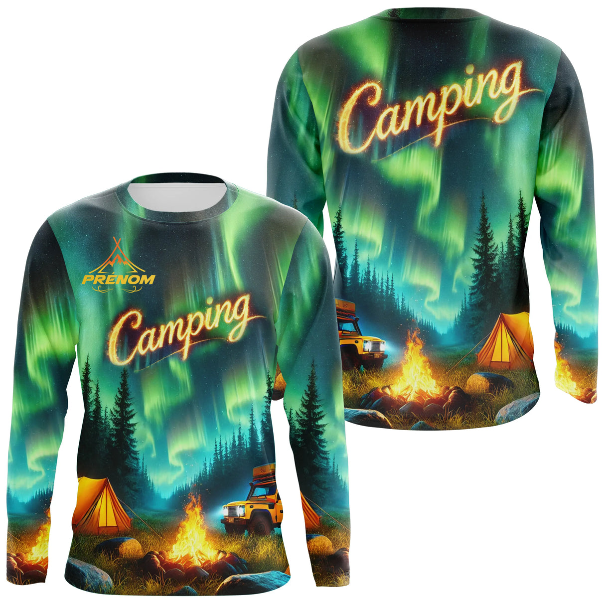 Vêtement de Camping Personnalisé – Design Aurores Boréales & Feu de Camp - A14012507 - Anti-UV T-shirt manches longues