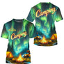 T-shirt camping personnalisé vert bleu orange avec aurores boréales feu de camp et tente prénom