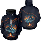 Sweat à capuche camping personnalisé marine montagne tente illuminée et feu de camp orange