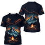 T-shirt camping personnalisé bleu marine avec montagne enneigée tente feu de camp orange et prénom