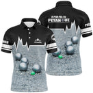 Polo pétanque noir blanc photo boules sol gris cochonnet vert message j'ai pétanque PRÉNOM logo manche