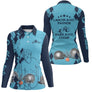 Polo manches longues femme bleu Lancer avec passion dos joueuse boules prénom personnalisé
