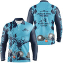 Polo manches longues homme bleu Lancer avec passion dos joueur boules prénom personnalisé