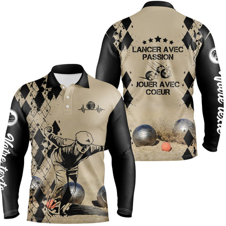 Polo manches longues homme sable Lancer avec passion dos joueur boules prénom personnalisé