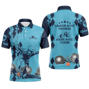 Polo pétanque homme bleu Lancer avec passion jouer avec coeur dos joueur boules prénom manche personnalisé