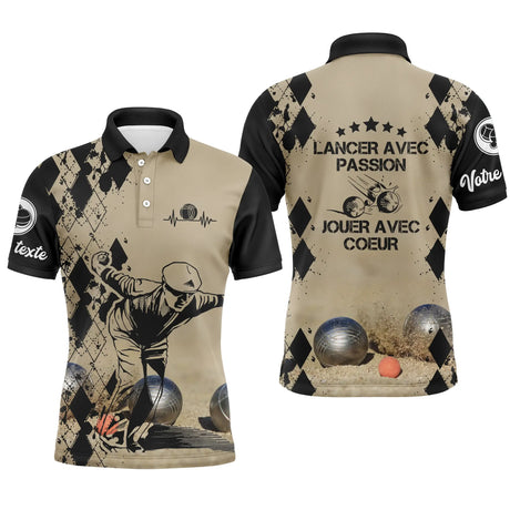 Polo Personnalisé Homme Femme, Cadeau Humour Bouliste, Lancer Avec Passion - Jouer Avec Coeur - CT14112350 - Polo Homme Sable