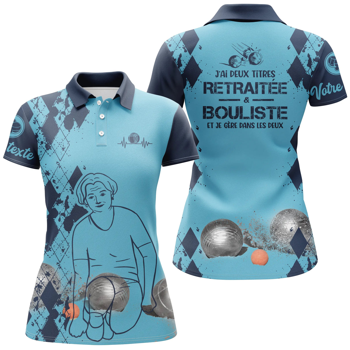 Polo pétanque femme bleu retraité bouliste deux titres dos joueuse boules prénom manche personnalisé