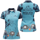 Polo pétanque femme bleu retraité bouliste deux titres dos joueuse boules prénom manche personnalisé