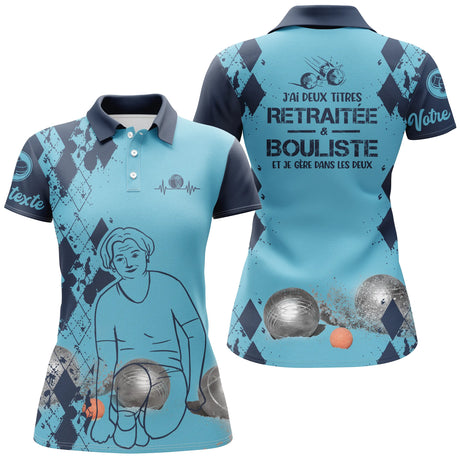 Polo pétanque femme bleu retraité bouliste deux titres dos joueuse boules prénom manche personnalisé