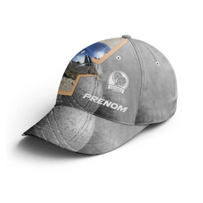 Casquette pétanque grise boule réaliste boulodrome stylisé prénom côté broderie bouliste personnalisée