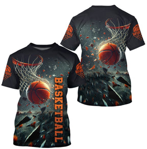 T-shirt basketball smash personnalisé impact ballon brisant panier avec éclats noirs et orange