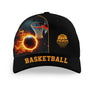 Casquette basketball personnalisée noir et orange avec ballon en feu panier embrasé et prénom
