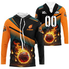Anti-UV manches longues basketball balle en feu orange noir chevrons et prénom de joueur
