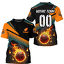 T-shirt basketball balle en feu orange teal noir avec ballon enflammé prénom et numéro