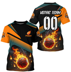 T-shirt basketball balle en feu orange teal noir avec ballon enflammé prénom et numéro