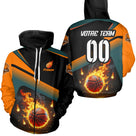 Sweat à capuche zippé basketball flamme orange noir chevrons et prénom au torse