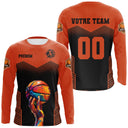 Anti-UV à capuche basketball orange et noir design ballon multicolore et nom d'équipe au dos