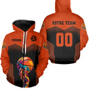 Sweat à capuche zippé basketball orange noir avec main et ballon multicolore prénom et team