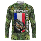 Sweat UV à capuche pêche à la mouche truite drapeau France camouflage forêt vert prénom personnalisé