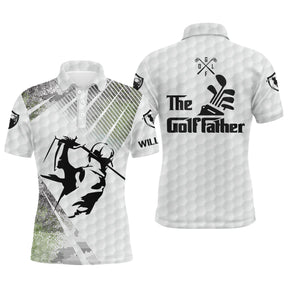 Polo de golf The Golffather avec silhouette golfeur en swing et lettrage cinéphile au dos sur texture balle alvéolée blanche