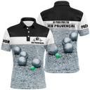 Polo jeu provençal homme noir blanc humour devant boules terrain prénom manche bouliste personnalisé