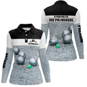 Polo jeu provençal manches longues femme noir blanc devant boules terrain prénom personnalisé